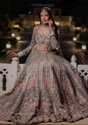 Sea Green Sequin Pearl Embroidered Kasturi Silk Lehenga Set