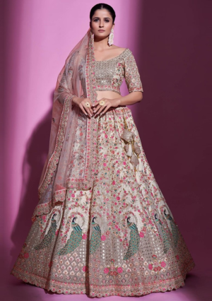Cream Embellished Poly Blend Lehenga Sets